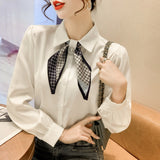 Fongt Shot Spring New Tie Foreign Style Bow Chiffon Shirt Long Sleeve Shirt Female Jacket Occupation-Outfit