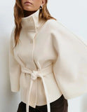 Fongt Women's Autumn And Winter New Fashion Pure Color Cape Collar Collar Belt Wind Coat