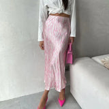Pink Printed Satin Midi Straight Skirt-Outfit