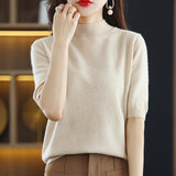 Fongt And Summer Loose And Versatile Wool Knit Short Sleeve Women Plus-Size Round-Neck Solid Color Bottom Knit T-Shirt Thin-Outfit
