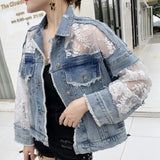 Mujer Summer Streetwear Embroidery Lace Patchwork Sexy Denim Jacket Women Frayed Tassel Loose Jeans Coat oversized