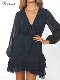 Sexy Summer Dresses For Women 2022 Front Knot Tie Ruffle Tiered Dot Long Sleeve Dress Spring Fall Party Day New