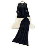 Fongt Wind High-End Sleek Crochet Knitting Set Of Women's Round Collar Long Sleeve Blouse High-Waisted Hip Skirt