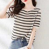 Striped Stylish Hollow Out Knitted T-shirt Female Clothing Casual O-Neck All-match Summer Commute Short Sleeve Pullovers-Outfit
