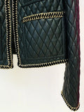 STREET Newest 2023 F/W Designer Outerwear Women's O-neck Chains Embellished Grid Artificial Leather