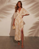 Fongt Women's Spring-Summer Printing Long-Sleeved Print V-Neck Dress Women