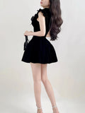 Ruffle Sleeve High Neck Velvet Black Mini Dress-Outfit