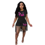 Plus Size Women Set S-5XL PINK Letter Print Round Neck Top And Tassel Shorts Two Piece Sets Casual 2pcs Outfits