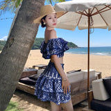 Vacation Wind One Word Shoulder Short Jacket Wrapped Hip Cake Skirt Women Summer Seaside Vacation Two-Piece Set-Outfit