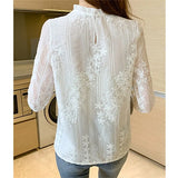 Spring Embroidery Flowers Blouses Stand Collar Long Sleeve Women Tops Loose White Elegant Lace Blouse Ladies Shirts