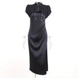 Dark Satin Mall Gothic High Split Slip Dresses For Women Slim Crop Tops Chinese Style Cheongsam 2Piece Sets Sexy
