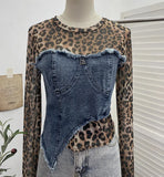Real Shooting Fashion Leopard Tard Tard Babes Mesh Splicing Denim Irregular Bottom Shirt Short Top
