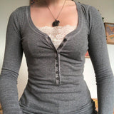 Patchwork Lace Buttoned Long Sleeve Tee-Outfit
