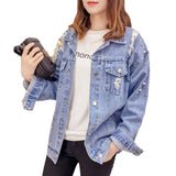 Fongt 2024 New Women's Korean Version Students Loose Thin Large Size Nail Bead Hole Jeans Denim Coat Tide-Outfit