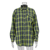 Fongt Style Versatile Lapel Loose Shirt 2024 Spring And Autumn Plaid Long Sleeve Pocket-Outfit