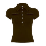 Fongt Retro Two-Sided Pocket Polo Collar Short Casual T-Shirt T-Shirt T-Shirt Buckle Work-Loaded Jacket