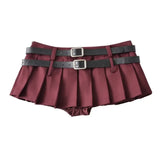 Trendy Women's Wear Low-Waist Sexy Double-Belt Pleated Skirt Plain Underwear Anti-Smooth Belt Skirt Half Skirt-Outfit