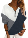 Multicolor Geometric Pattern Long-sleeve Zipper V-neck