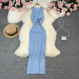 Fongt Sexy Round Neck Kink Solid Color Vest Knit Skirt Front And Back Two Wear Elastic Tight Wrap Hip Dress-Outfit