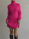 Fongt Turtleneck Dress Women's Leisurely Loose Thick Pit Strip Solid-Colored Bag-Up 2023 Autumn And Winter Knitted