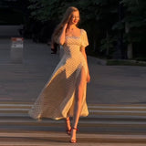 Fongt New Women's Wear Collar Bubble Sleeve Side Open Fork Wave Dot Long Dress