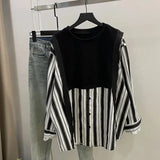 Women's Clothing Casual Striped Loose Blouse Korean Fake Two Pieces Round Neck Button Spring Autumn Basic Spliced Commute Shirt-Outfit