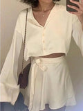 Satin Long Sleeve Buttoned Crop Blouse-Outfit