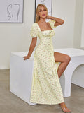 Puff Sleeve Dress Cut out Split High Waist Zip Print Robe Elastic Slim Fit Long Dress Women Spring Prairie Chic