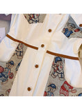 Women's Summer New High-end Polo Neck Bbear Print Short Sleeve Button French High Waist A-line Fashion Elegant