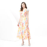 Fongt Court Style Print Flying Sleeve Dress Women's Summer Net Yarn Hollow Hook Design Light Luxury Temperament Dress