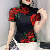 S-3XL Fixed Printing Mesh T Shirts Women Turtleneck Slim Short Sleeve Tees Lady Elegant Stretchy Floral Sheath Top T-Shirt-Outfit