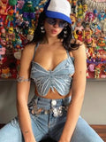y2k Butterfly Jeans Crop Top Backless Strap Camis Sexy Blue Cute Party Sweats Women Beach Holiday Mini Vest Summer