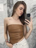 Strapless PU Leather Asymmetrical Top-Outfit