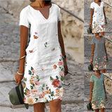 Floral Printed Linen Sleeve Midi V-neck