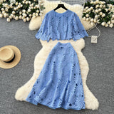 Fongt High-End Squeal Hook Lace Set Women's Summer Fashion Short Horn Sleeve Shirt High Waist Half-Dress