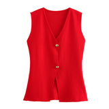 Fongt Women's Clothing 2025 Summer Solid Color Repair Gold Button Knitted Vest Top