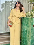 Fongt Women's 2025 Summer Drawstring Long-Sleeved Shirt + Casual Pants Set Women's B88851/2F