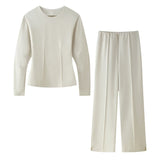 Fongt Double-Sided Cloth Body Round-Neck Long-Sleeved Head-Dressed Tight High-Waisted Straight Trousers Casual Suit Woman