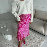 Pink Printed Satin Midi Straight Skirt-Outfit