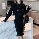 Autumn And Winter Women's Wear New French Long-Sleeved Knitted Sweater Blouse Half-Length Dress Skirt Suit Hip Skirt-Outfit