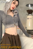 Y2K Vintage Hooded Cropped Cardigan Women Harajuku Kpop Zipper Knitted Sweater Korean Fashion Slim Long Sleeve Tops