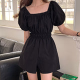 Chic Summer French Retro Square Collar Dew Collarbone Fold Closed Waist Show Thin Bubble Sleeve Wide Leg Jumpsuit Woman-Outfit