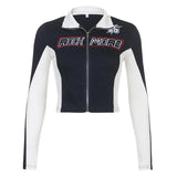 Slim And Thin Personality Street Cool Fashion Letter Printing Motorcycle Style Blue And White Coat-Outfit