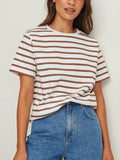 T-Shirt Short Sleeves 2024 New Versatile Simple Loose Cotton Round Collar Striped Short Sleeves-Outfit