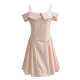 Fongt Spring New Sweet One Word Collar Sling Dress Sexy Back Chic Slim Short Dress-Outfit