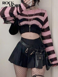 Pink Contrast-paneled Crop Smock Top Y2K Aesthetic Cute Knitted Long Sleeve Pullover for Women Sweater Vintage Clothes-Outfit