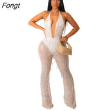 Sequins Tassel Sheer Mesh Jumpsuit Women Sexy Deep V Neck Lace Up Halter Backless Club Party Overalls Wide Leg