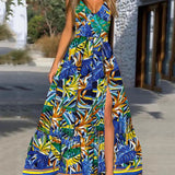 Fongt New Summer Women's Wish Deep V Sling Ribbon Three-Color Leaf Print