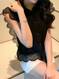Ruffles Shirts & Blouses Turn Down Collar Blusas Sleeveless Camisas Gentle Ropa Mujer 2024 Summer Single Breasted Tops-Outfit