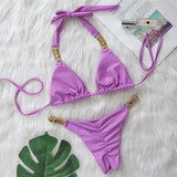 Fongt New Sexy Metal Accessories Rhinestone Solid Color Bikini Female Split Swimsuit Strap
